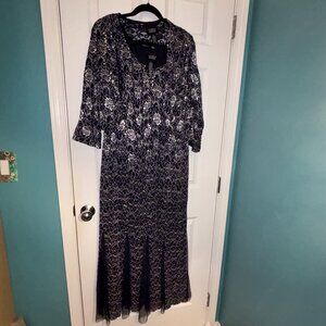 Lovely Grace Elegant Maxi Cocktail Gown Dress XL Navy Lace Metallic Silver